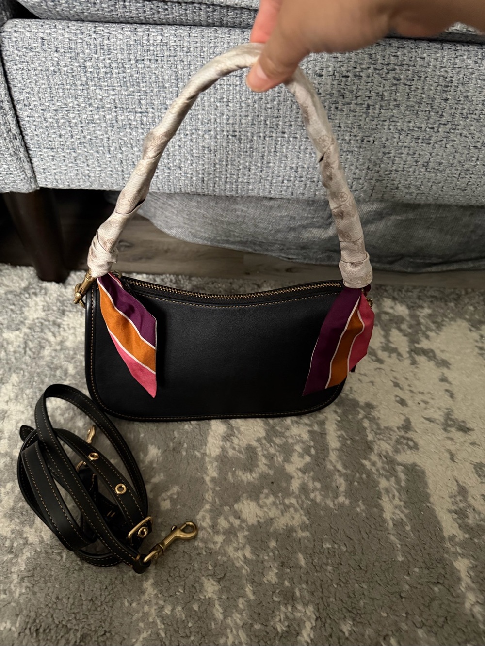 Coach Swinger - Black Women's Shoulder Bag with Coach Colorful Scarf Accent